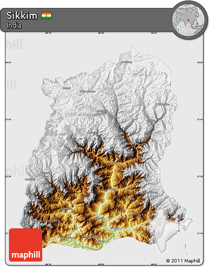 Physical Map of Sikkim, single color outside