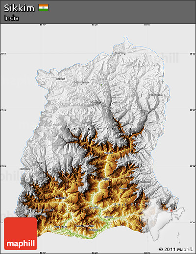 Physical Map of Sikkim, single color outside