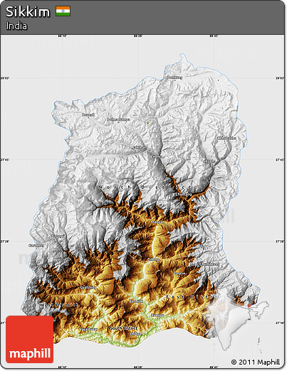 Physical Map of Sikkim, single color outside