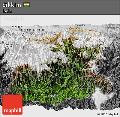 Satellite Panoramic Map of Sikkim, desaturated