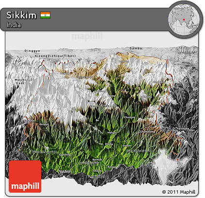 Satellite Panoramic Map of Sikkim, desaturated