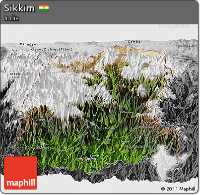 Satellite Panoramic Map of Sikkim, desaturated