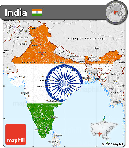 Flag Simple Map of India, single color outside, borders and labels, flag centered