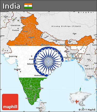 Flag Simple Map of India, single color outside, borders and labels, flag centered