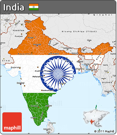 Flag Simple Map of India, single color outside, borders and labels, flag centered
