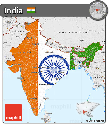 Flag Simple Map of India, single color outside, borders and labels, flag aligned to the middle
