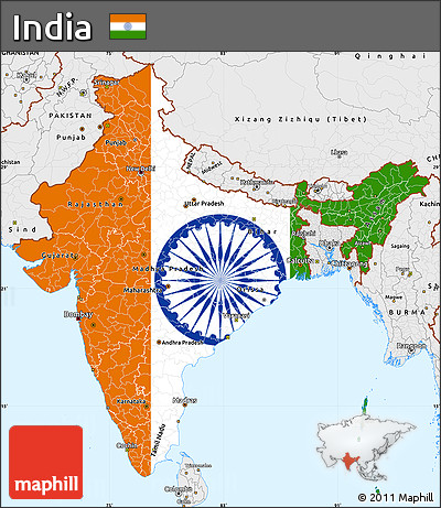 Flag Simple Map of India, single color outside, borders and labels, flag aligned to the middle