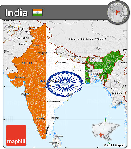 Flag Simple Map of India, single color outside, borders and labels, flag rotated