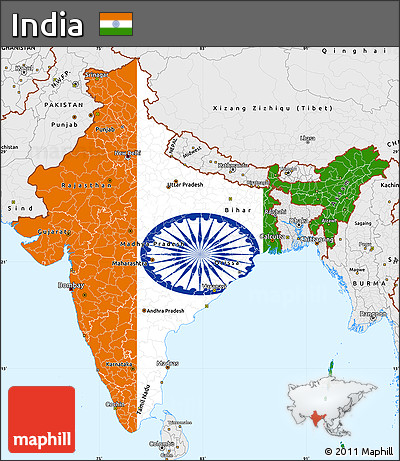 Flag Simple Map of India, single color outside, borders and labels, flag rotated