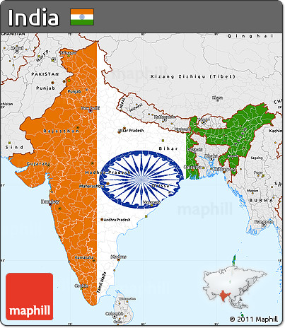 Flag Simple Map of India, single color outside, borders and labels, flag rotated