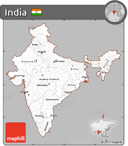 Gray Simple Map of India, cropped outside