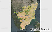 Satellite 3D Map of Tamil Nadu, darken, semi-desaturated
