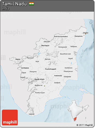 Silver Style 3D Map of Tamil Nadu, single color outside
