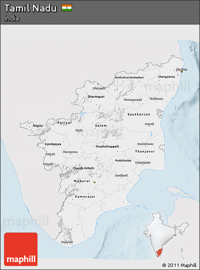Silver Style 3D Map of Tamil Nadu, single color outside
