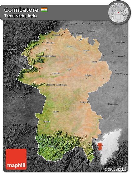 Satellite Map of Coimbatore, darken, desaturated