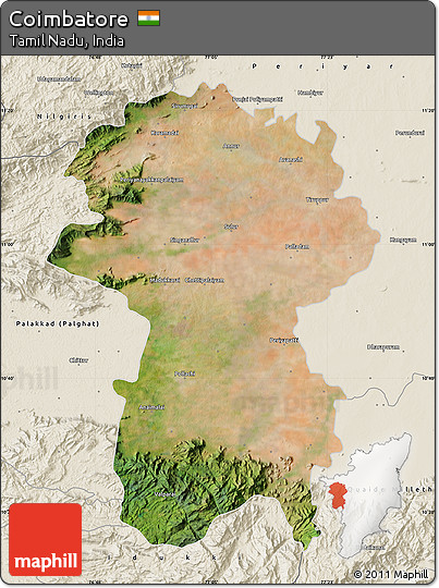Satellite Map of Coimbatore, shaded relief outside