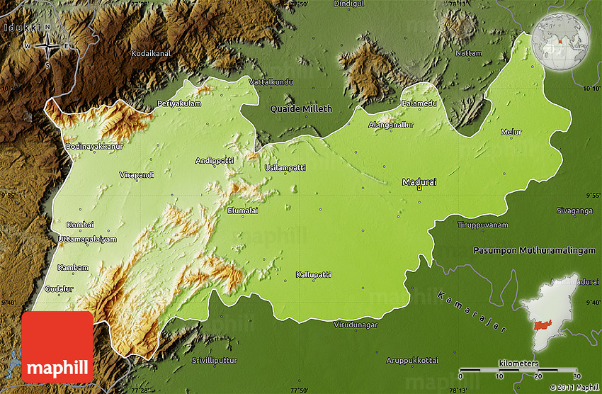 Physical Map of Madurai, darken