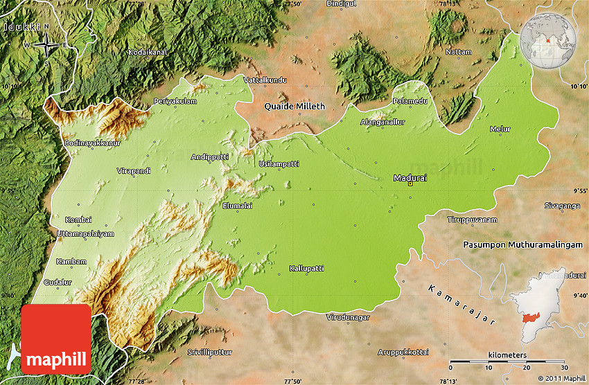 Physical Map of Madurai, satellite outside
