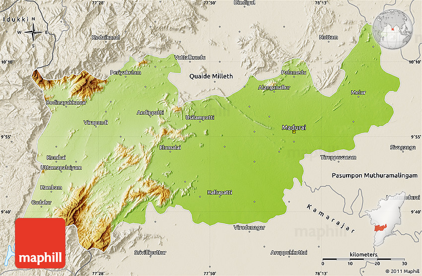 Physical Map of Madurai, shaded relief outside