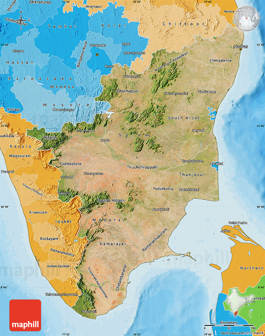 Ancient Tamil Nadu Map Satellite Map Of Tamil Nadu, Political Shades Outside