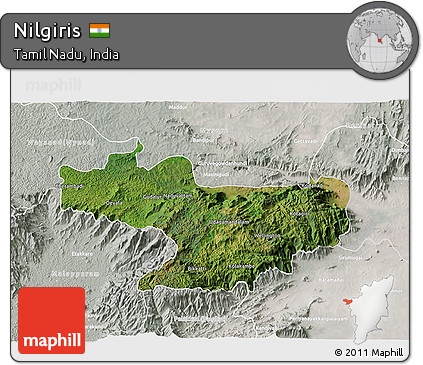 Satellite 3D Map of Nilgiris, lighten, semi-desaturated