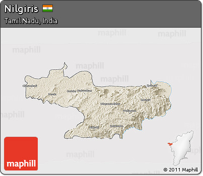 Shaded Relief 3D Map of Nilgiris, single color outside