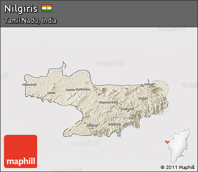 Shaded Relief 3D Map of Nilgiris, single color outside
