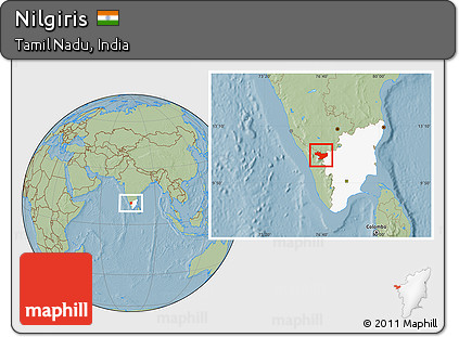 Savanna Style Location Map of Nilgiris, highlighted parent region, hill shading