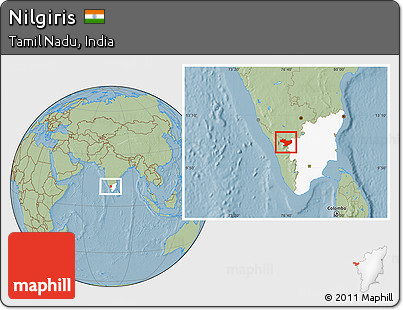 Savanna Style Location Map of Nilgiris, highlighted parent region, hill shading