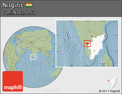 Savanna Style Location Map of Nilgiris, highlighted parent region, hill shading