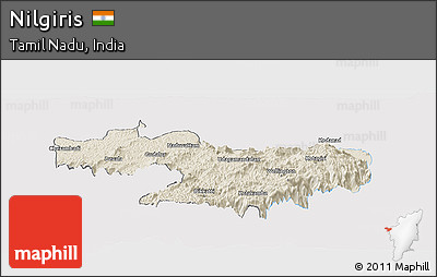 Shaded Relief Panoramic Map of Nilgiris, single color outside