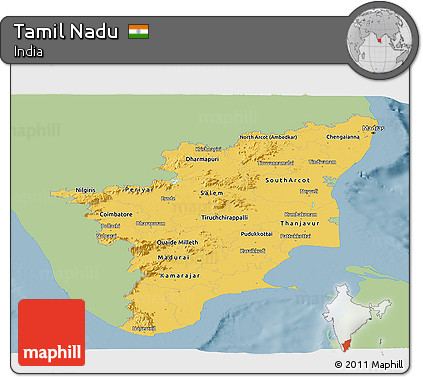 Savanna Style Panoramic Map of Tamil Nadu, single color outside