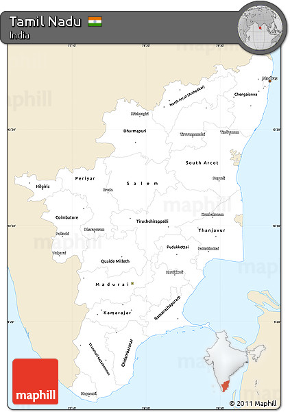 Classic Style Simple Map of Tamil Nadu, single color outside