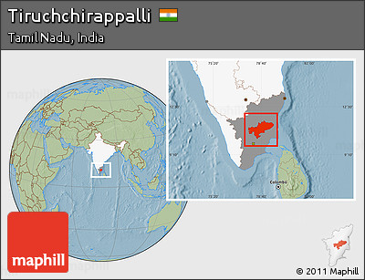 Savanna Style Location Map of Tiruchchirappalli, highlighted country, highlighted parent region, hill shading