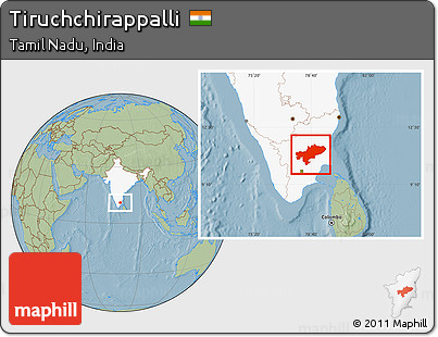 Savanna Style Location Map of Tiruchchirappalli, highlighted country, hill shading