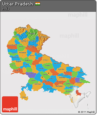 Political 3D Map of Uttar Pradesh, cropped outside