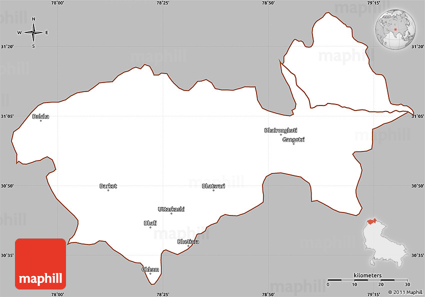 Gray Simple Map of Uttarkashi, cropped outside