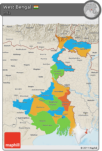 Political 3D Map of West Bengal, shaded relief outside