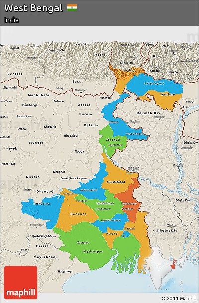 Political 3D Map of West Bengal, shaded relief outside
