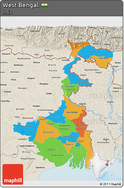 Political 3D Map of West Bengal, shaded relief outside