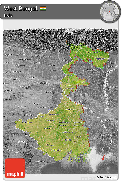Satellite 3D Map of West Bengal, desaturated
