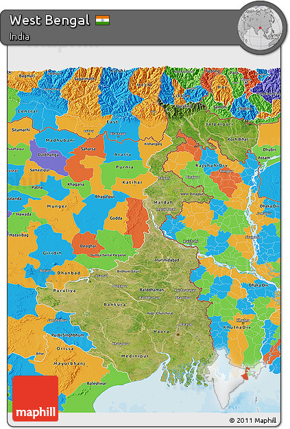 Satellite 3D Map of West Bengal, political outside
