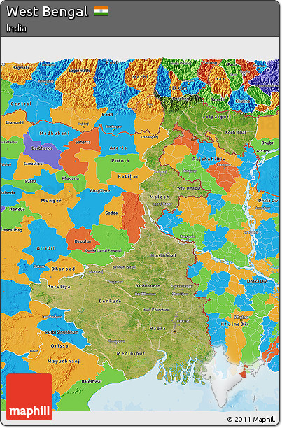 Satellite 3D Map of West Bengal, political outside