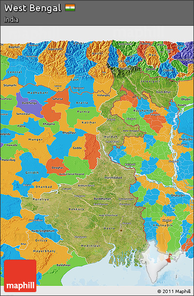 Satellite 3D Map of West Bengal, political outside