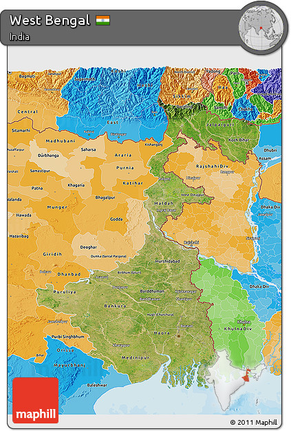 Satellite 3D Map of West Bengal, political shades outside