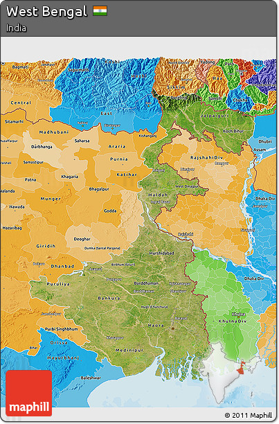 Satellite 3D Map of West Bengal, political shades outside