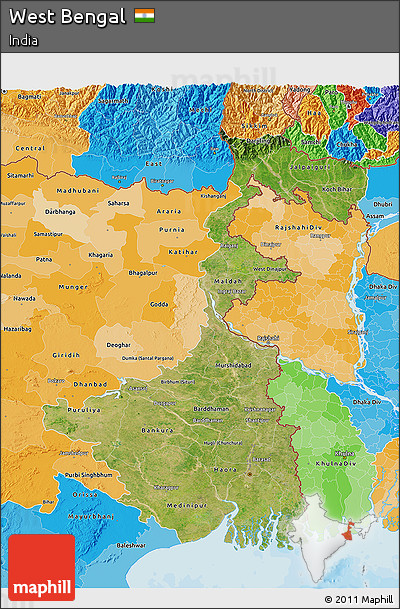 Satellite 3D Map of West Bengal, political shades outside