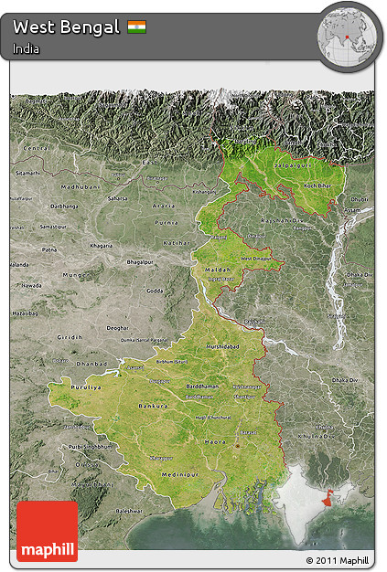 Satellite 3D Map of West Bengal, semi-desaturated