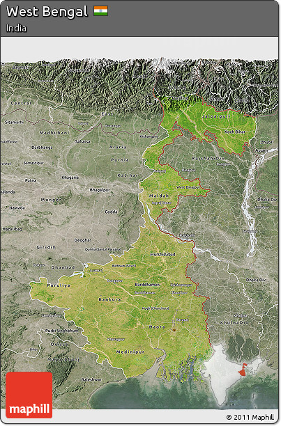 Satellite 3D Map of West Bengal, semi-desaturated
