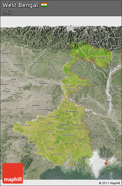 Satellite 3D Map of West Bengal, semi-desaturated